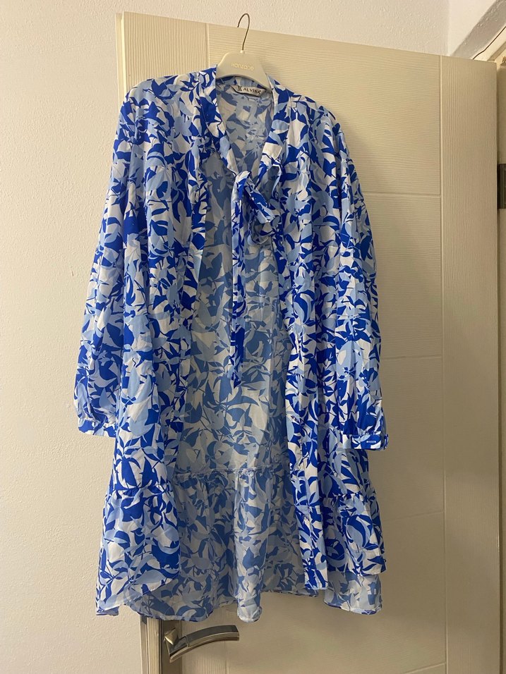 Uzun Kollu Mavi Bohem Salaş Elbise - Görsel 4