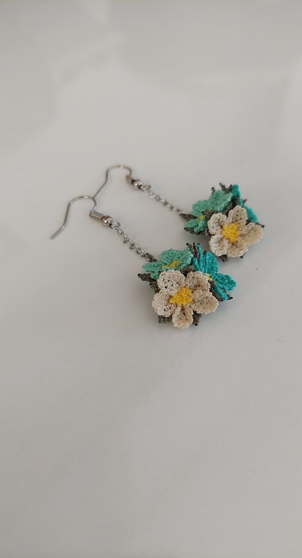 Turkuaz Çiçekli Boncuklu Mini Küpe - Görsel 3