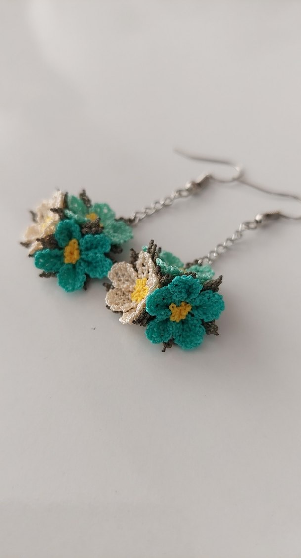 Turkuaz Çiçekli Boncuklu Mini Küpe - Görsel 2