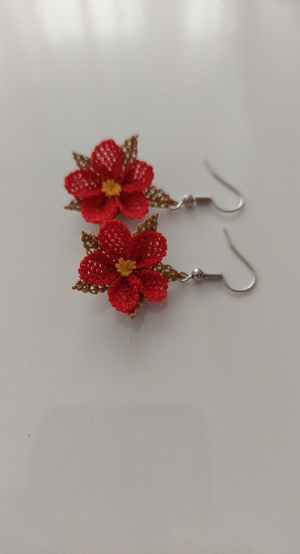 Kırmızı Boncuklu Çiçek Küpe - Görsel 3