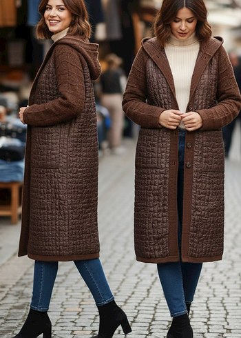 Düğmeli Kahverengi Uzun Triko Kadın Hırka. - Görsel 2