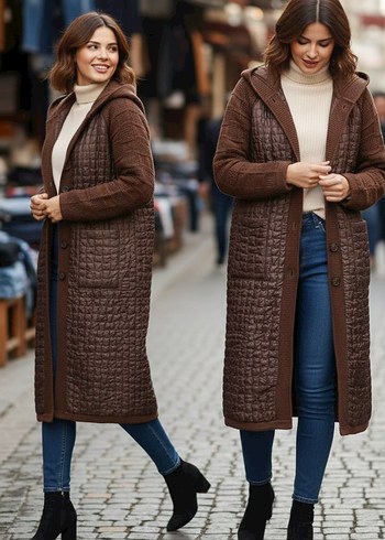 Düğmeli Kahverengi Uzun Triko Kadın Hırka. - Görsel 3