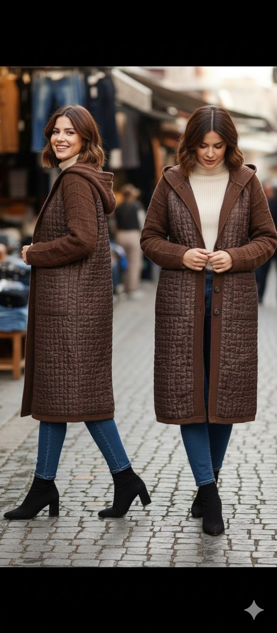 Düğmeli Kahverengi Uzun Triko Kadın Hırka. - Görsel 2