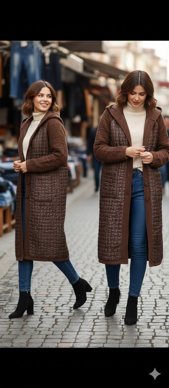 Düğmeli Kahverengi Uzun Triko Kadın Hırka. - Görsel 3