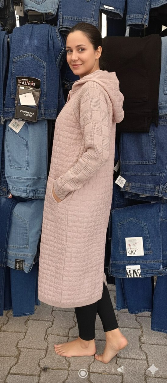 Düğmeli Pudra Pembe Uzun Triko Kadın hırka. - Görsel 2