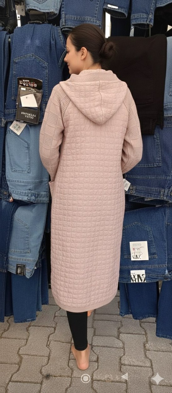 Düğmeli Pudra Pembe Uzun Triko Kadın hırka. - Görsel 3