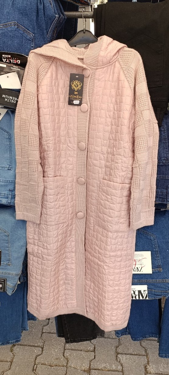 Düğmeli Pudra Pembe Uzun Triko Kadın hırka. - Görsel 4