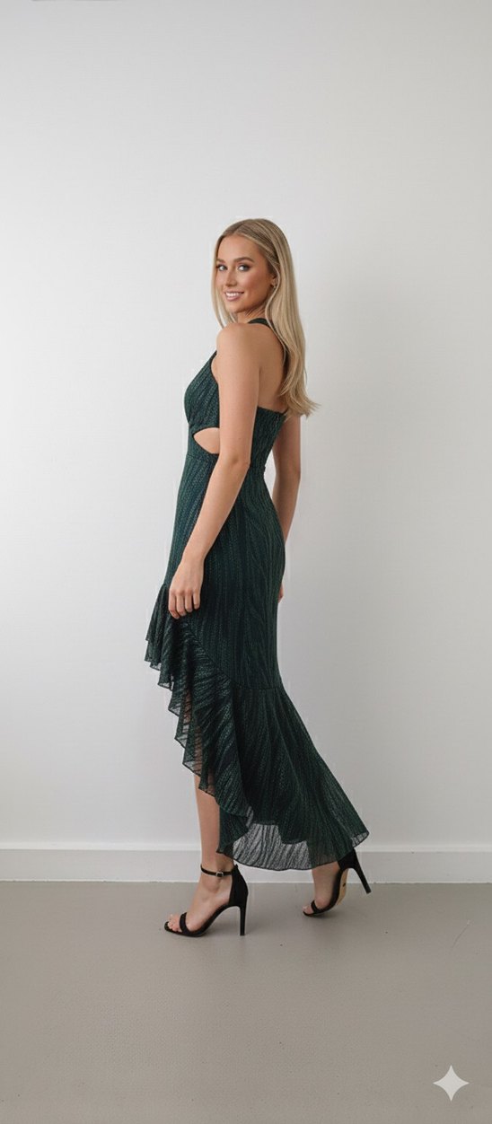 Uzun Asimetrik Kesim Yeşil Gotik Abiye - Görsel 3