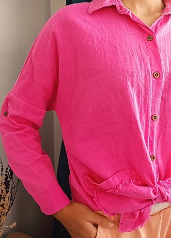 Kalın pembe triko gömlek