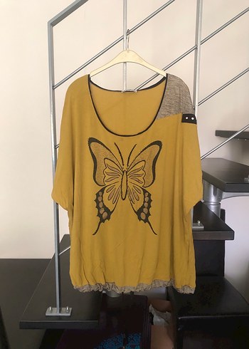 Bohem Kelebek Baskılı hardal Sarı Bluz 54 beden
