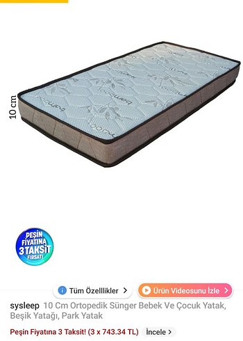 Sysleep 10 cm Ortopedik Bebek ve Çocuk Yatak