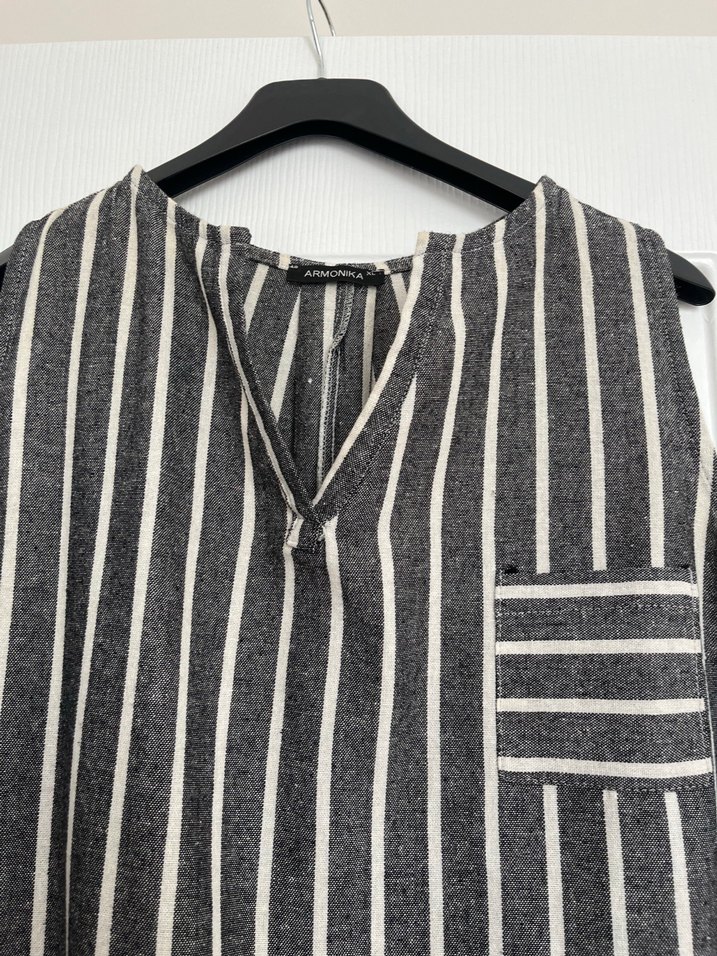 Gri Çizgili Kolsuz  Keten Elbise - Görsel 2