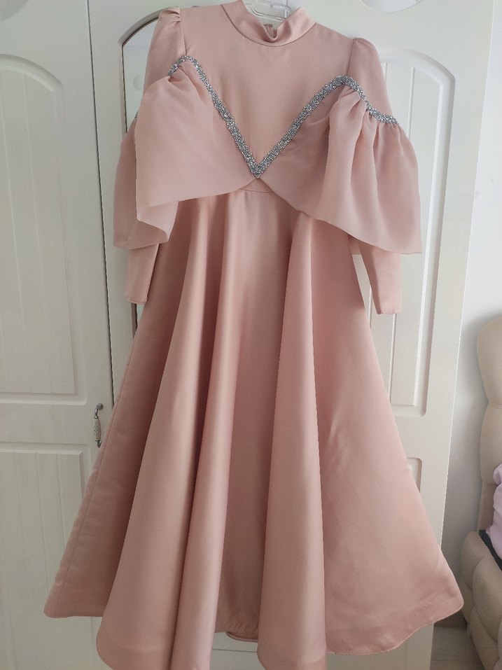 Drapeli Pembe Uzun Abiye Elbise - Görsel 5