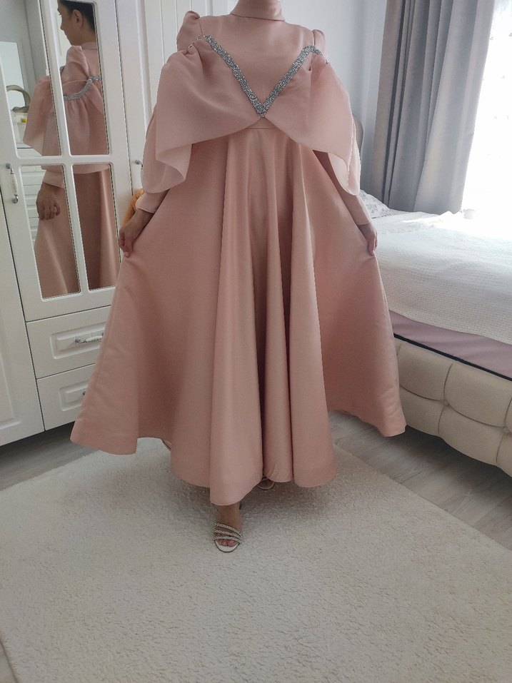 Drapeli Pembe Uzun Abiye Elbise - Görsel 2