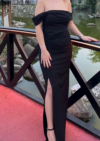 Siyah Drapeli Straplez Uzun Elbise - Görsel 4