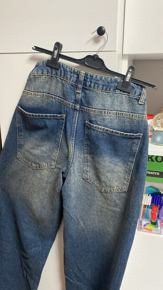 Düğmeli Gri Mavi Kadın Kot Pantolon - Görsel 4