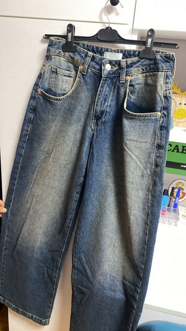 Düğmeli Gri Mavi Kadın Kot Pantolon - Görsel 5