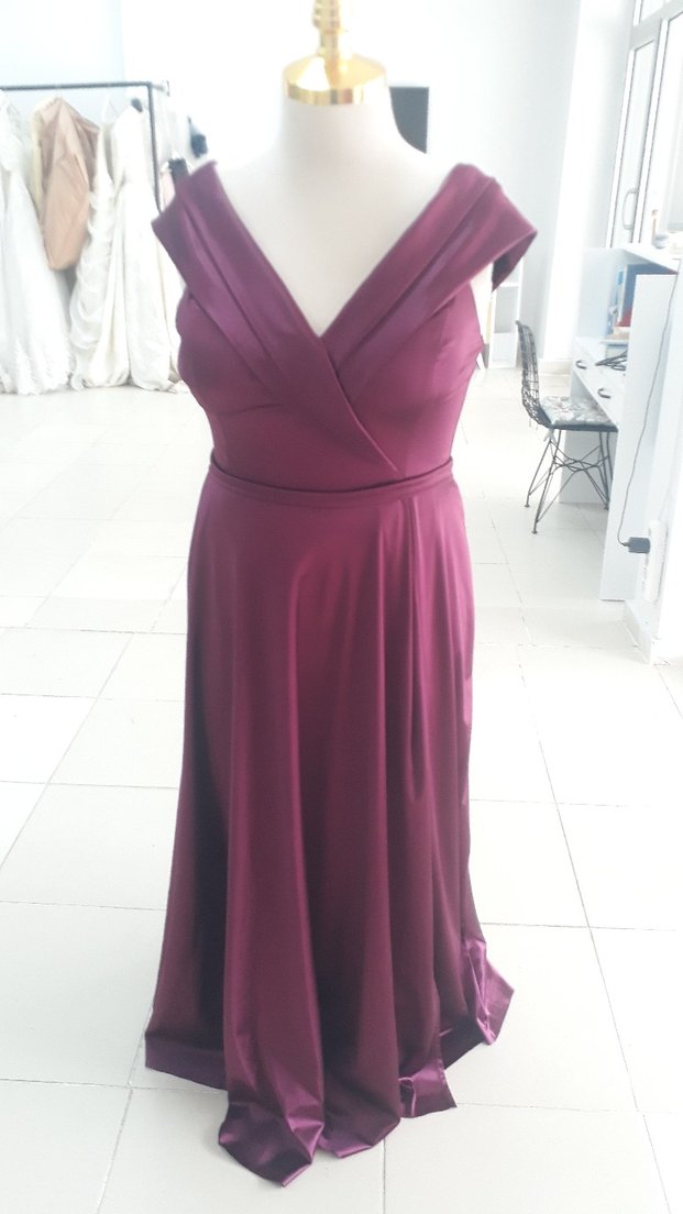 Bordo Uzun Kollu V Yaka Abiye Elbise - Görsel 2