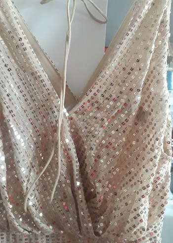 Bej İşlemeli Uzun Askılı Abiye Elbise - Görsel 6