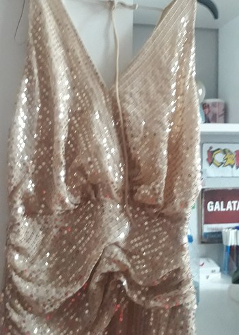 Bej İşlemeli Uzun Askılı Abiye Elbise - Görsel 7