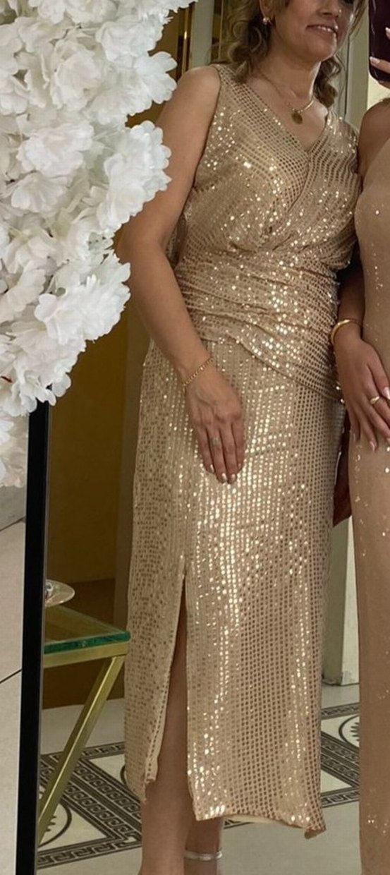 Bej İşlemeli Uzun Askılı Abiye Elbise - Görsel 2