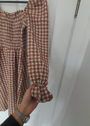 Kahverengi Kareli Midi Elbise - Görsel 3