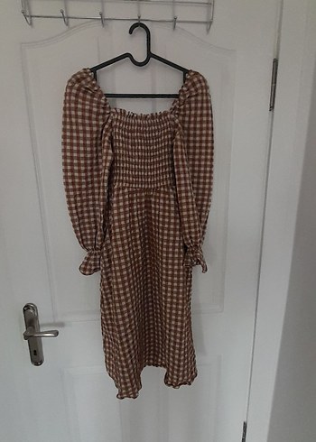 Kahverengi Kareli Midi Elbise - Görsel 2