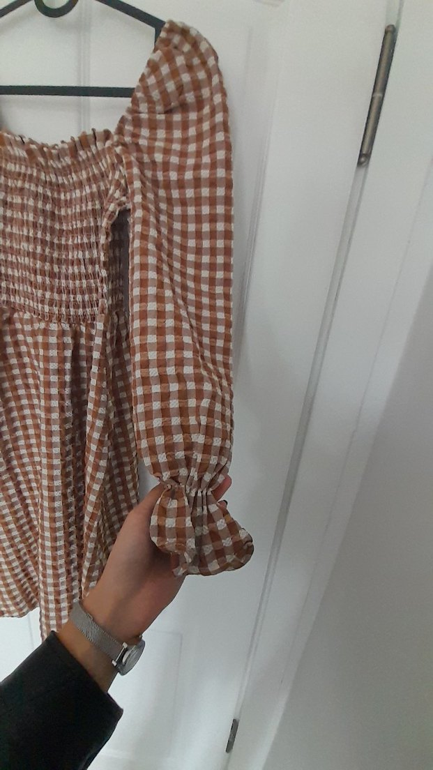 Kahverengi Kareli Midi Elbise - Görsel 3