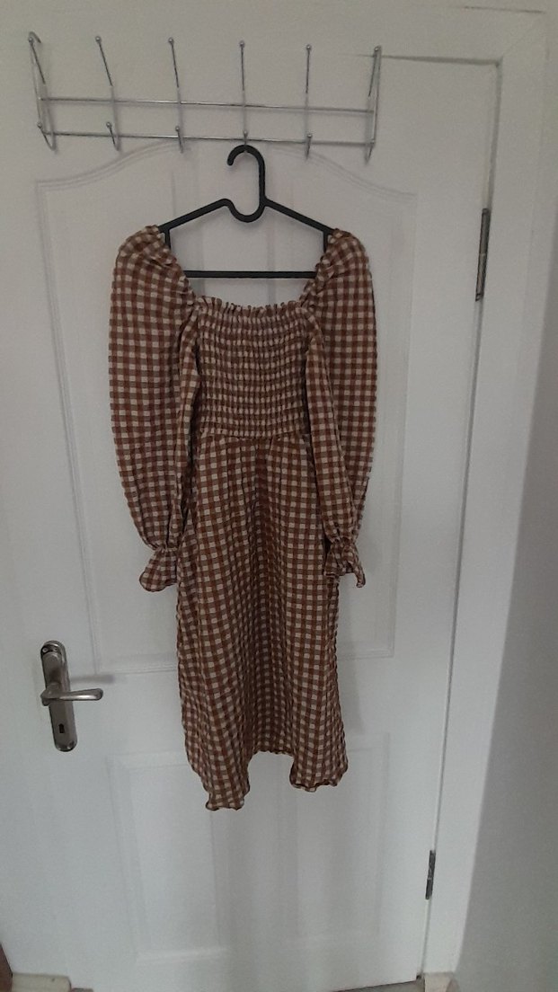 Kahverengi Kareli Midi Elbise - Görsel 2