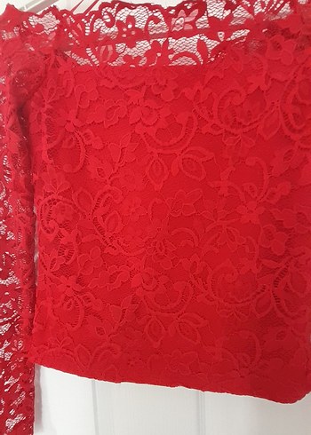 Kırmızı Dantel Detaylı Uzun Kollu Bluz - Görsel 3