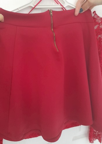 Kırmızı İşlemeli Mini Drapeli Etek - Görsel 2