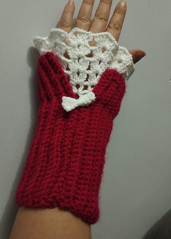 Kırmızı Beyaz Örgü  Kadın Eldiveni - Görsel 3