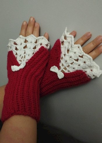 Kırmızı Beyaz Örgü  Kadın Eldiveni - Görsel 2