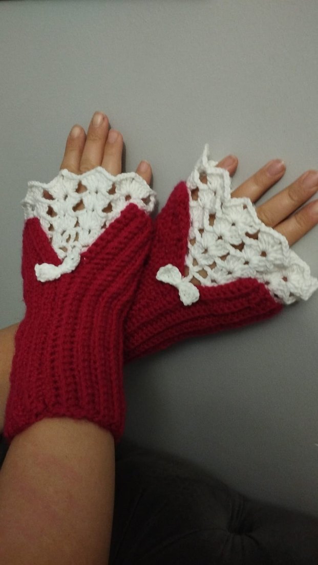 Kırmızı Beyaz Örgü  Kadın Eldiveni - Görsel 2