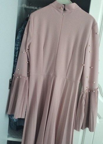 İnci Detaylı Uzun Kollu pudra Elbise - Görsel 5