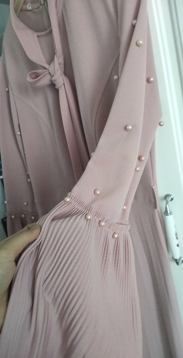 İnci Detaylı Uzun Kollu pudra Elbise - Görsel 2