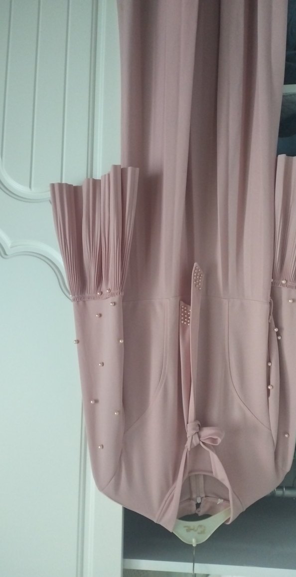 İnci Detaylı Uzun Kollu pudra Elbise - Görsel 4