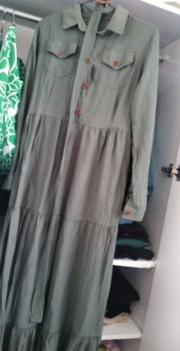 Düğmeli haki Keten Bohem Kadın Elbise - Görsel 2