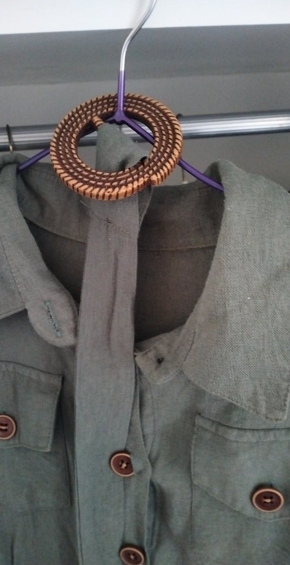 Düğmeli haki Keten Bohem Kadın Elbise - Görsel 3