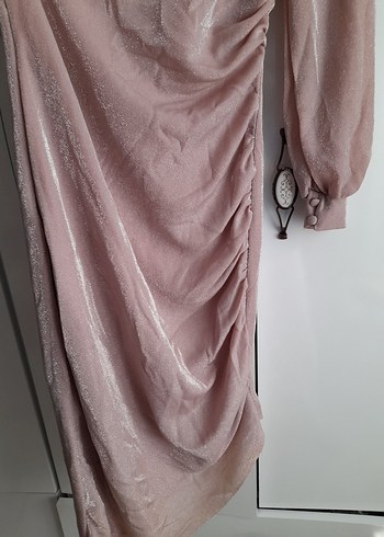 36 Beden pembe Renk Pudra Pembe Drapeli Midi Tek Omuz Elbise
