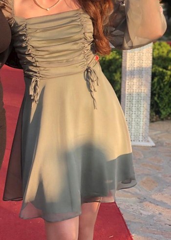 yeşil Drapeli kısa Kadın Abiye Elbise