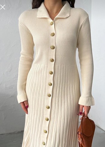 Bej Triko Uzun Kol Elbise - Görsel 2