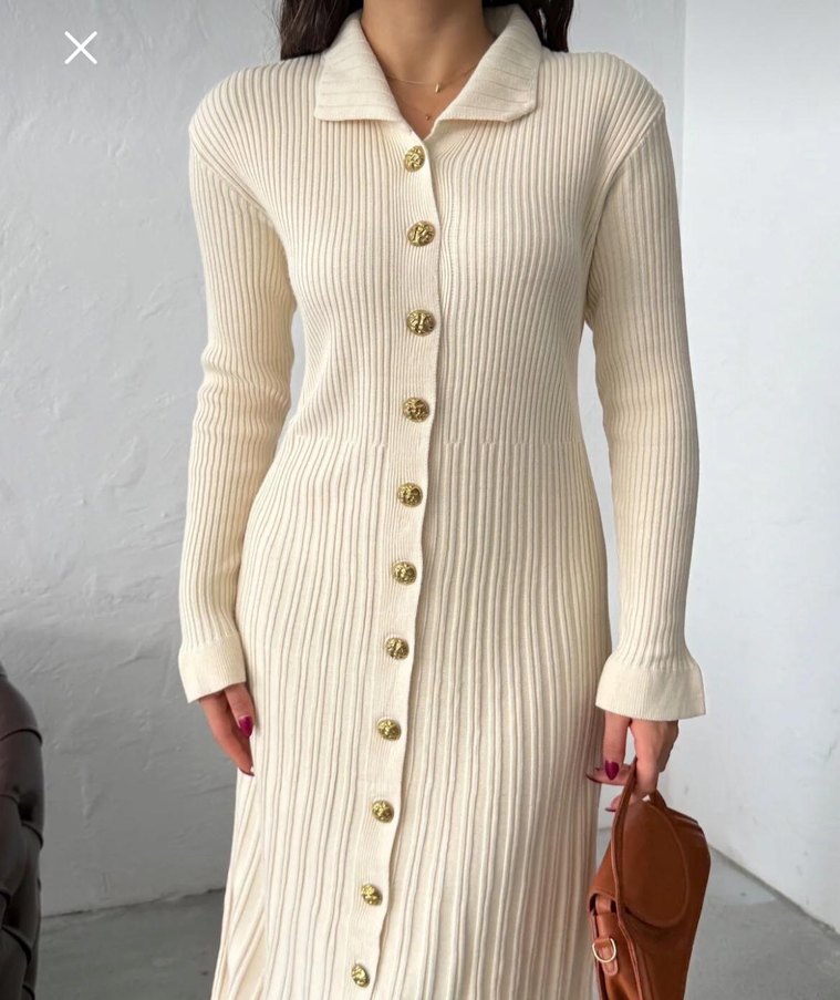 Bej Triko Uzun Kol Elbise - Görsel 2