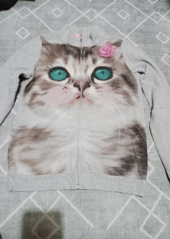 Gri Kedi Desenli fermuarlı hirka - Görsel 2