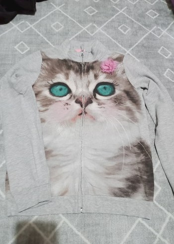 Gri Kedi Desenli fermuarlı hirka - Görsel 3