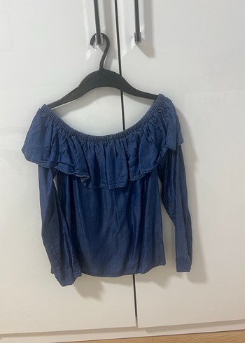 Kadın Lacivert Denim Fırfırlı Bluz - Görsel 2