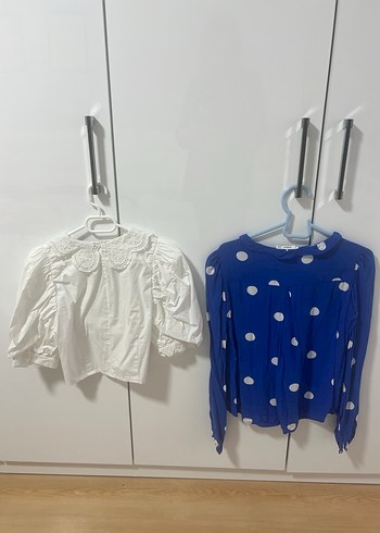 Mavi Puantiyeli Uzun Kollu Bluzu ile beyaz gömlek - Görsel 2