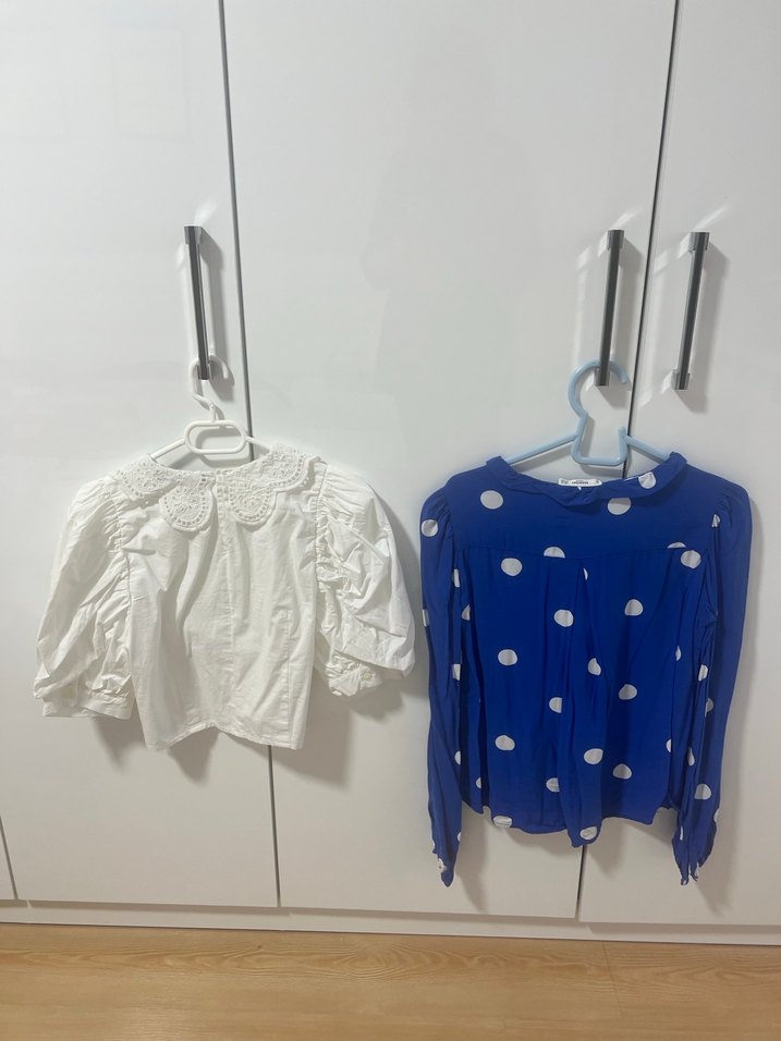 Mavi Puantiyeli Uzun Kollu Bluzu ile beyaz gömlek - Görsel 2