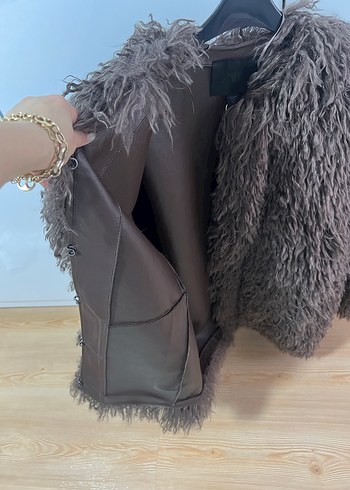 Kahverengi Yünlü Tüylü Kadın Midi Ceket - Görsel 7