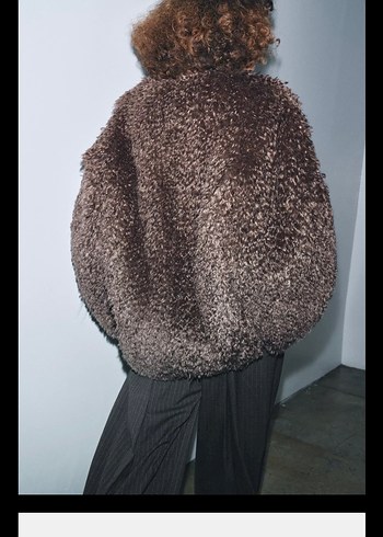 Kahverengi Yünlü Tüylü Kadın Midi Ceket - Görsel 3